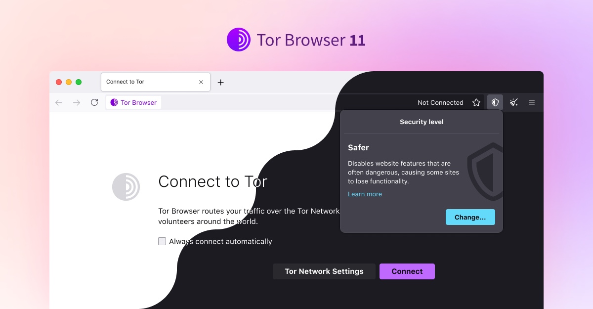 Экран падключэння браўзера Tor 11 у светлай і цёмнай тэмах