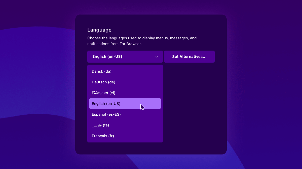 Tor Browser 12.0의 디스플레이 언어 선택에 사용되는 메뉴 시각화