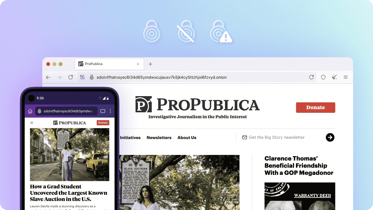 Captura de tela do site onion da ProPublica no navegador Tor para desktop e Android