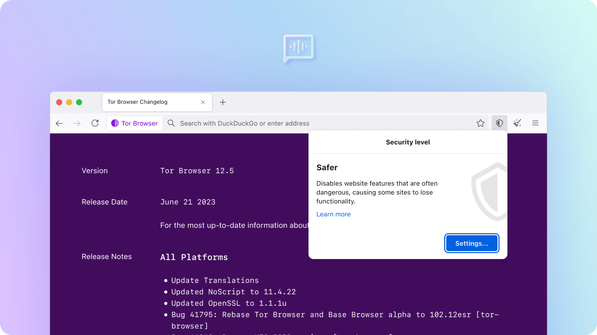 Foto ekrani e regjistrit të brendshëm të ndryshimeve, me panelin e niveleve të sigurisë të zgjeruar në Shfletuesin Tor për desktop