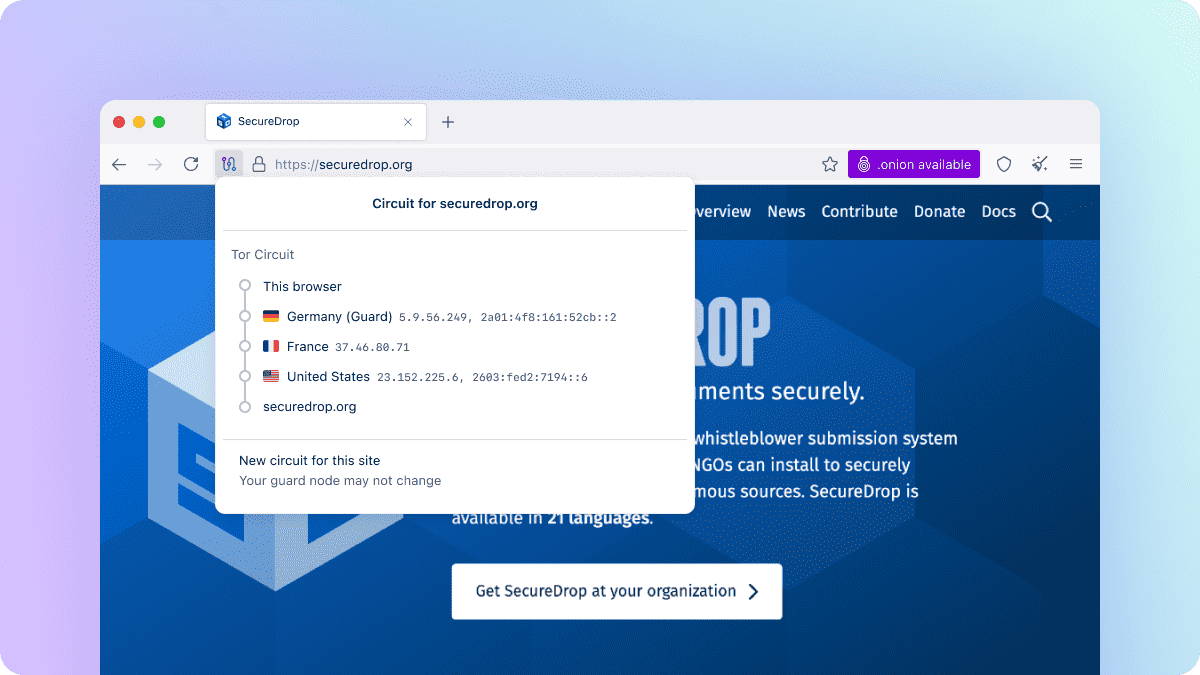 Στιγμιότυπο ενημερωμένης οθόνης κυκλώματος για το safedrop.org στο Tor Browser για υπολογιστές