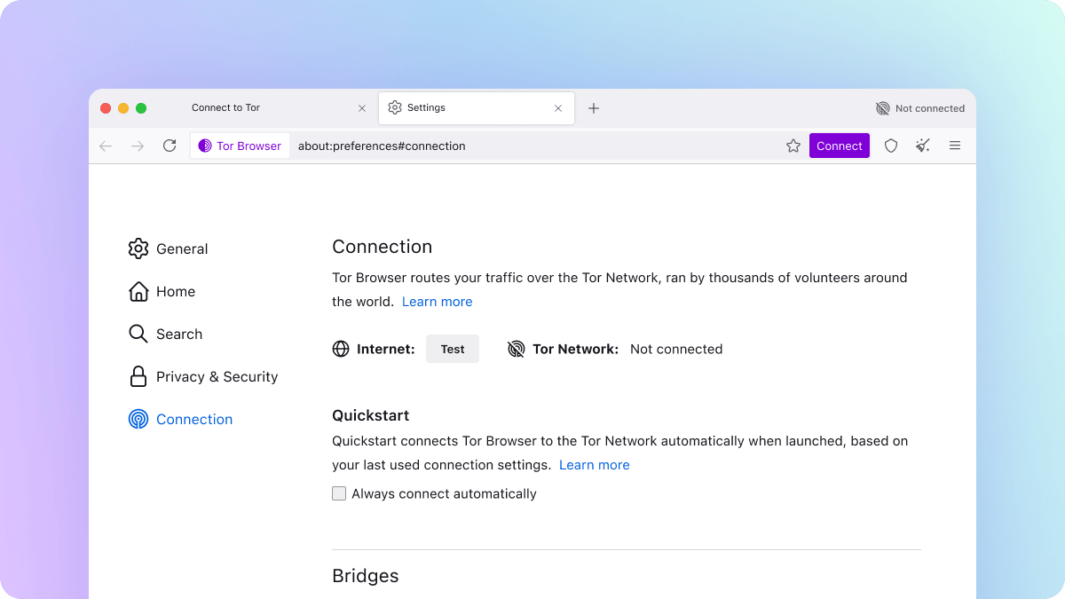데스크톱용 Tor Browser에서 연결하기 전에 Connection settings 탭의 스크린샷